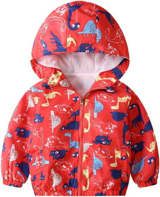 Toddler Boy'S Cartoon Dinosaur Zip Jacket Lightweight Hooded Windbreakers Outdoor Raincoat