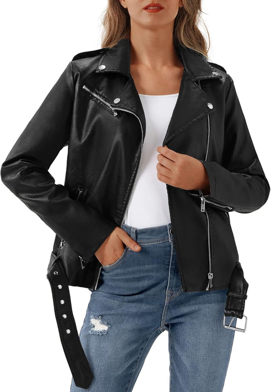 Women'S Faux Leather Jacket with Pockets Fur Lining Moto Biker Short Coat Slim Fit PU Outwear for Fall and Winter