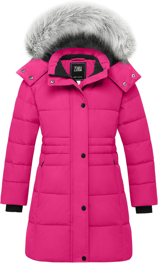 Girls' Winter Coat Long Hooded Parka Soft Fleece Puffer Jacket with Removable Faux Fur