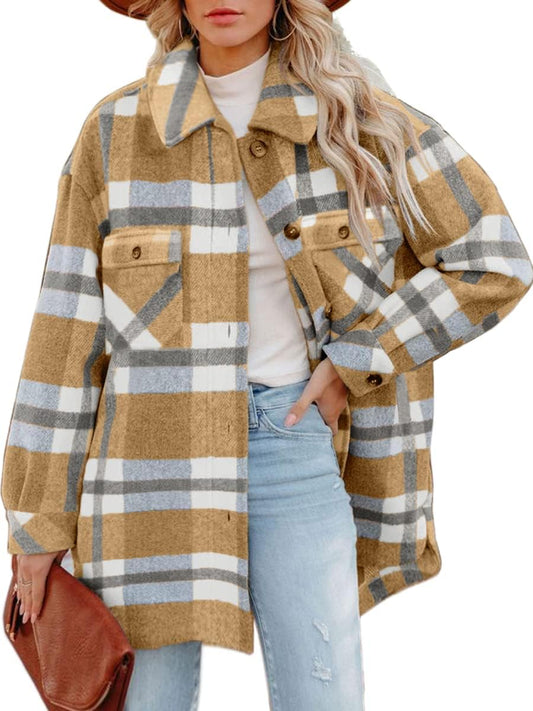 Women'S Casual Flannel Plaid Shacket Button down Long Sleeve Shirt Jacket Coats with Pockets