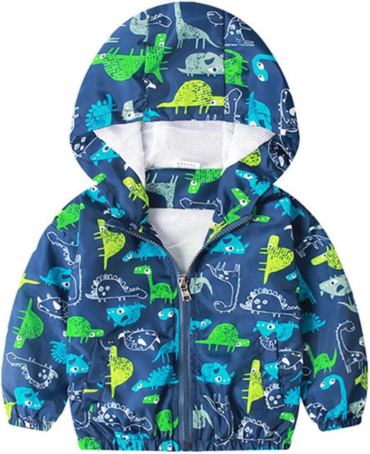 Toddler Boy'S Cartoon Dinosaur Zip Jacket Lightweight Hooded Windbreakers Outdoor Raincoat