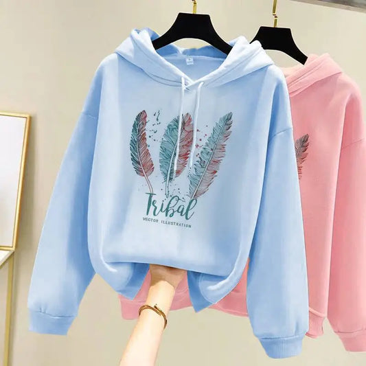 Women Fashion Feather Printed Hoodies Autumn Winter plus Velvet Casual Loose Sweatshirt