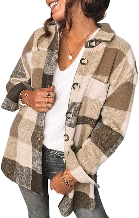 Women'S Casual Flannel Plaid Shacket Button down Long Sleeve Shirt Jacket Coats with Pockets